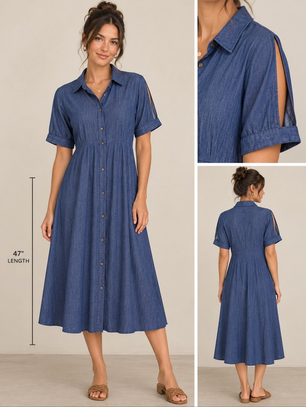 Prairie Chic Rustic Chambray Blue Denim Midi Shirt Dress A-Line Women Sz M
